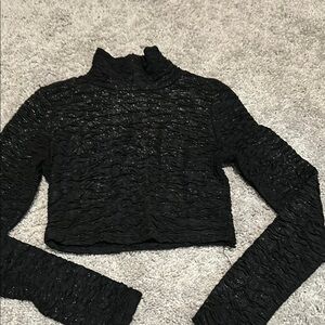 Black Textured Long Sleeve Crop Top